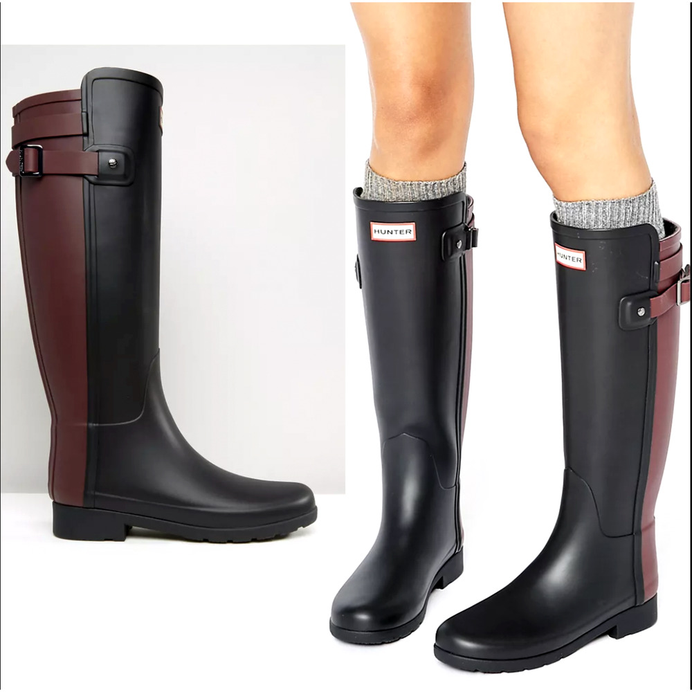 Hunter Original 6 Refined Back Strap Contrast Tall Wellington Rain Boots Black